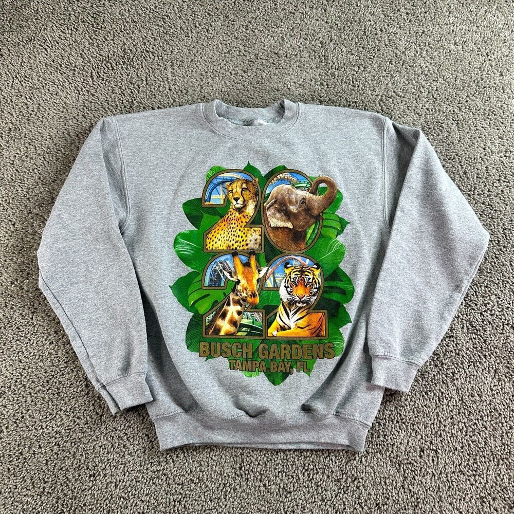 Busch Gardens Sweatshirt Boys Large Gray Yellow Lion Tiger Cheetah Pullover 2022